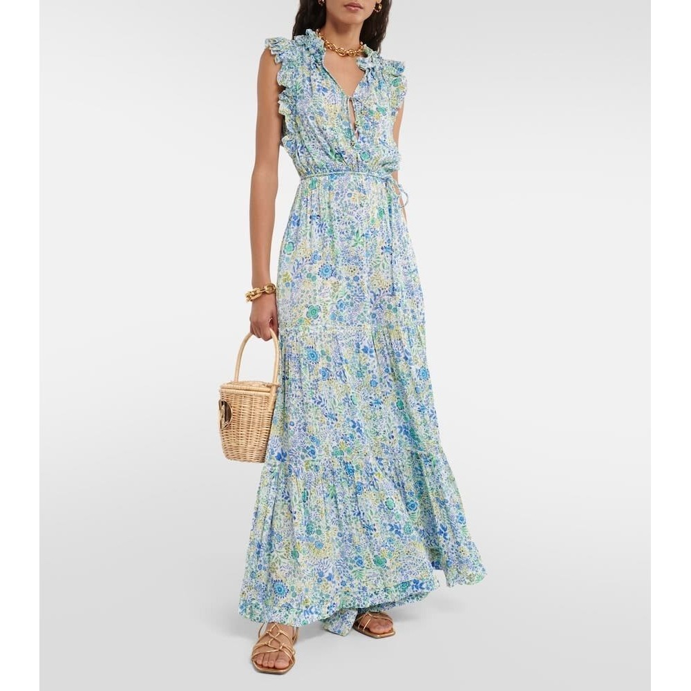 Poupette St Barth Belene Floral Wide Leg Jumpsuit S Boho Ruffle Resort‎ Beaded
